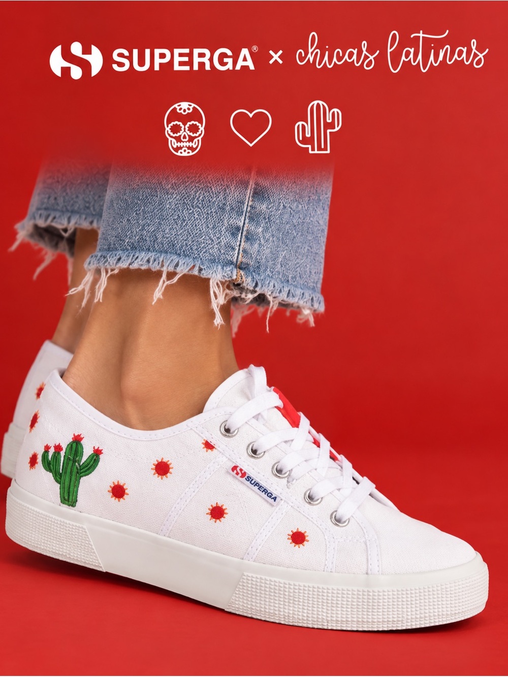 ๐ฎ๐น Superga White Canvas Sneakers with Green Cactus & Red Sun Embroidery